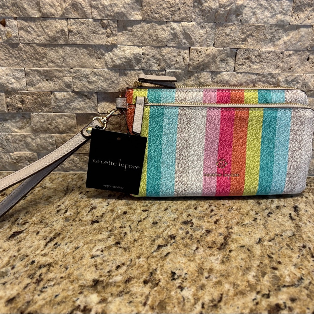Nanette Lepore Pink and Orange Wristlet Clutch Vibrant Stripes
